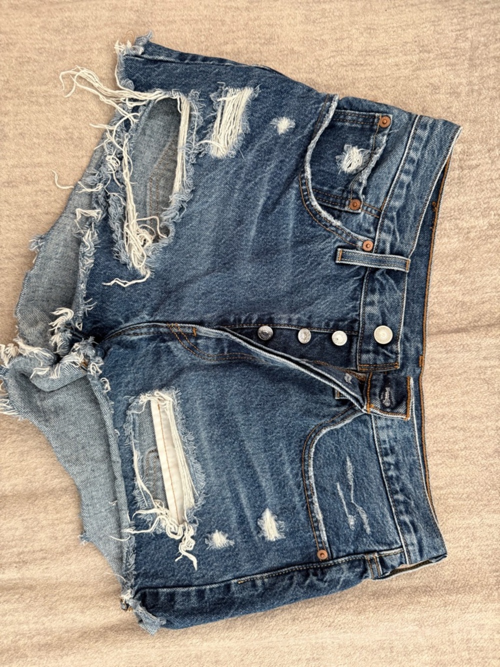 Levi's 501 Dark Blue Distressed Button-Fly Jean Shorts